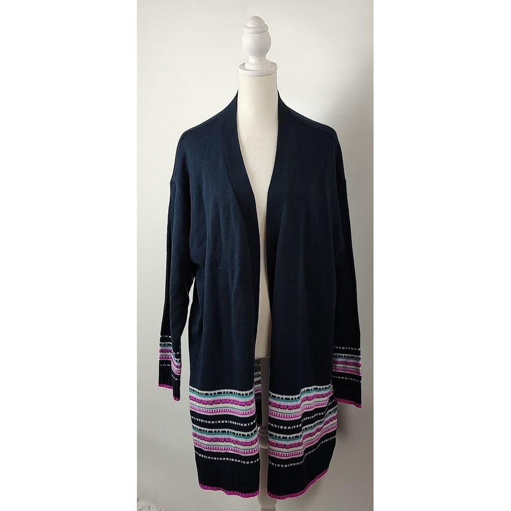 Lane Bryant Navy Blue Fair Isle Open Front Cardigan Sweater Pink Teal 18/20